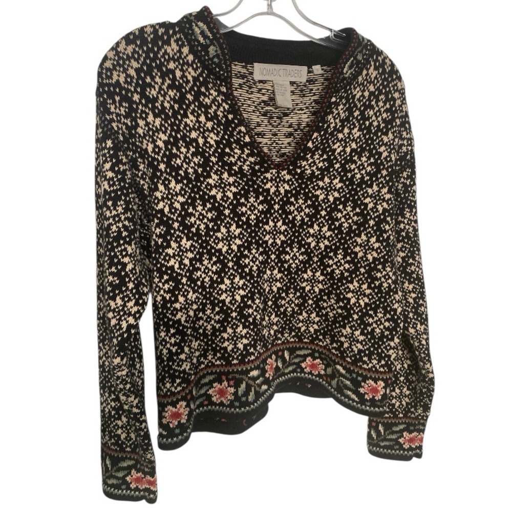 Nomadic Trading Nordic Fair Isle Cropped Cotton Sweater V-neck women’s Sz S - Picture 4 of 9